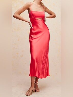 ASTR the label Coral Red Satin Spaghetti-Strap Midi Bellerose Dress